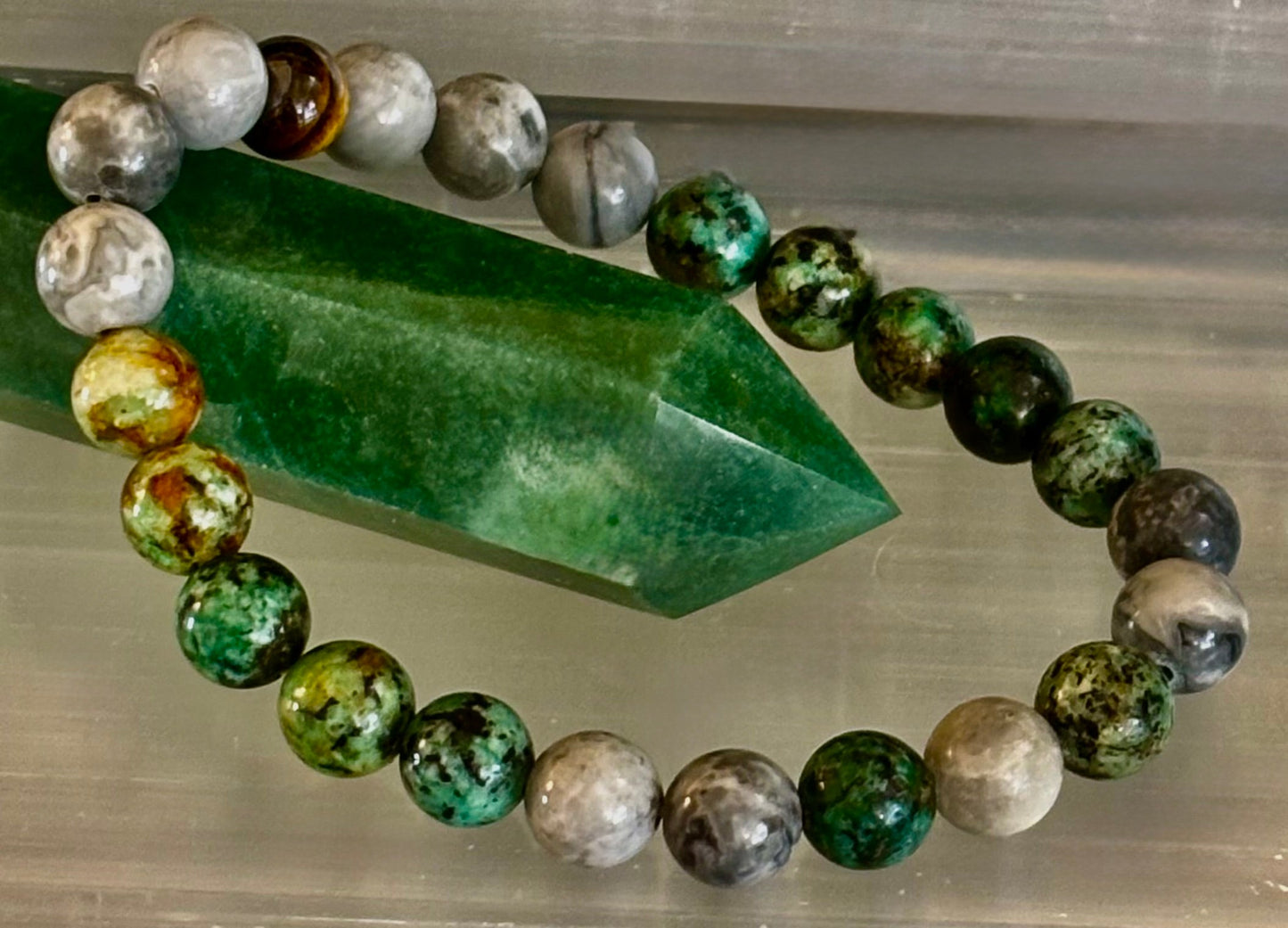 Pulsera de Poder Tranquilo - Turquesa Africana, Ojo de Tigre y Piedra Mapa (Muñecas Grandes)