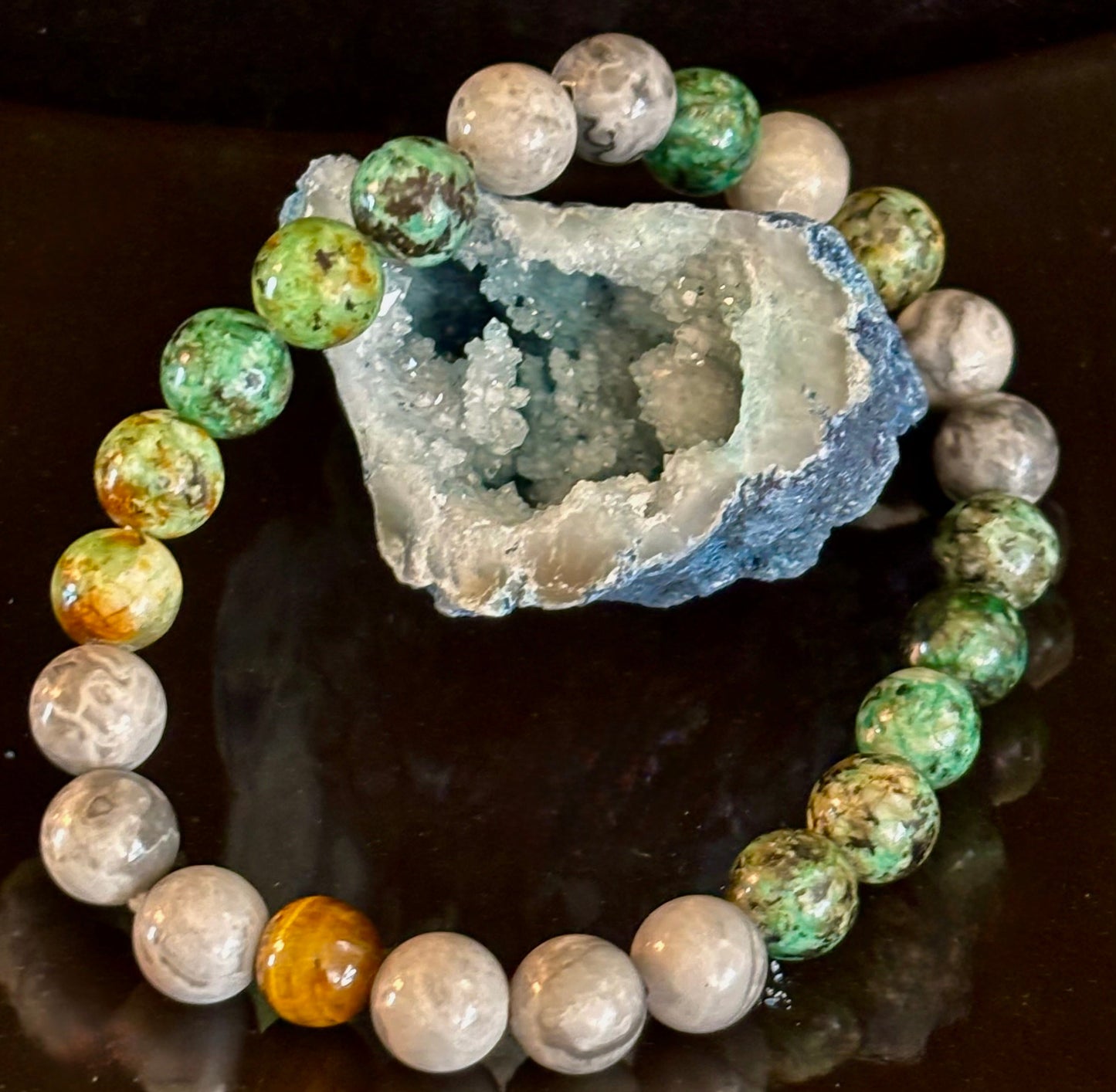 Pulsera de Poder Tranquilo - Turquesa Africana, Ojo de Tigre y Piedra Mapa (Muñecas Grandes)