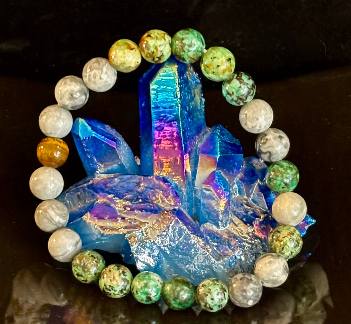 Pulsera de Poder Tranquilo - Turquesa Africana, Ojo de Tigre y Piedra Mapa (Muñecas Grandes)
