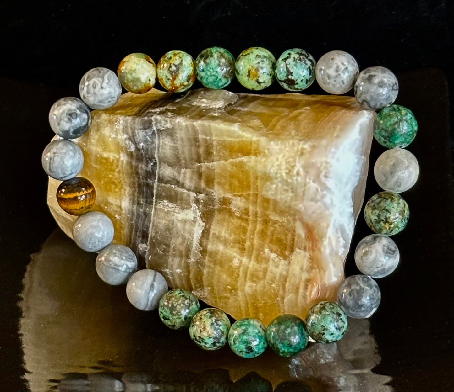 Pulsera de Poder Tranquilo - Turquesa Africana, Ojo de Tigre y Piedra Mapa (Muñecas Grandes)