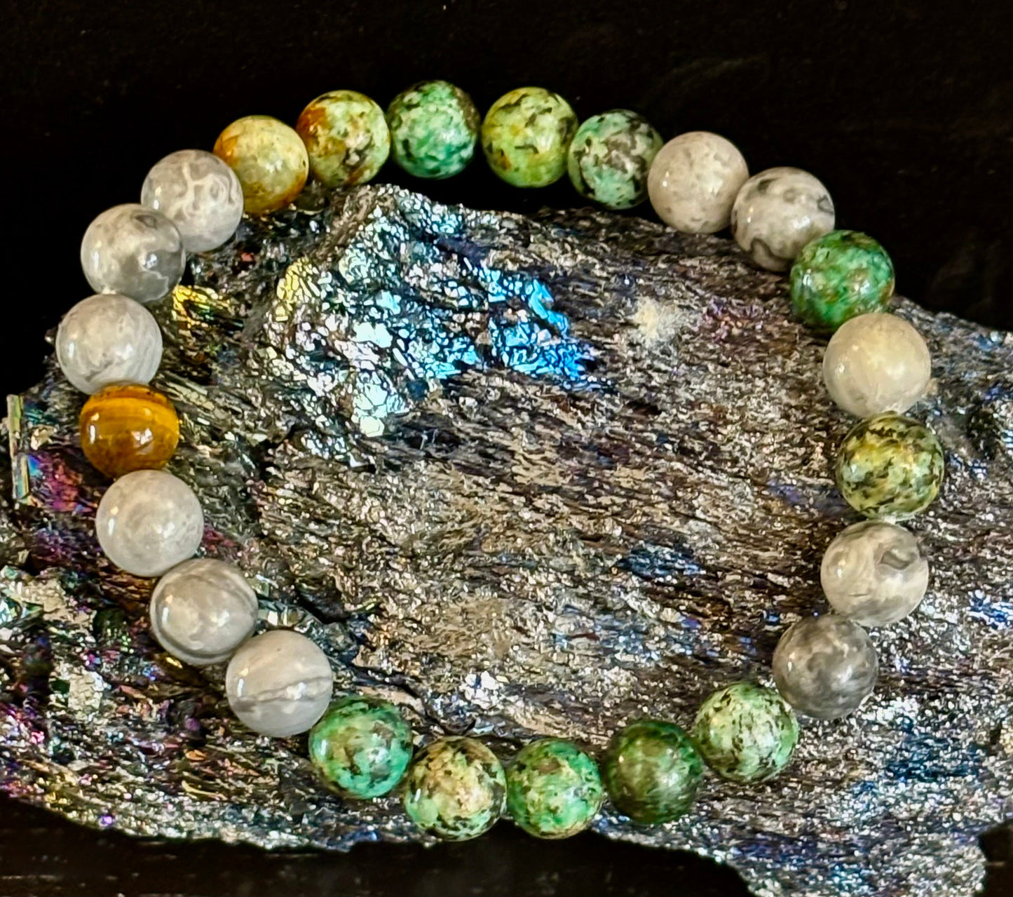 Pulsera de Poder Tranquilo - Turquesa Africana, Ojo de Tigre y Piedra Mapa (Muñecas Grandes)
