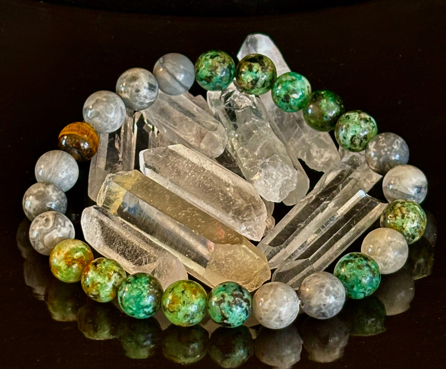 Pulsera de Poder Tranquilo - Turquesa Africana, Ojo de Tigre y Piedra Mapa (Muñecas Grandes)