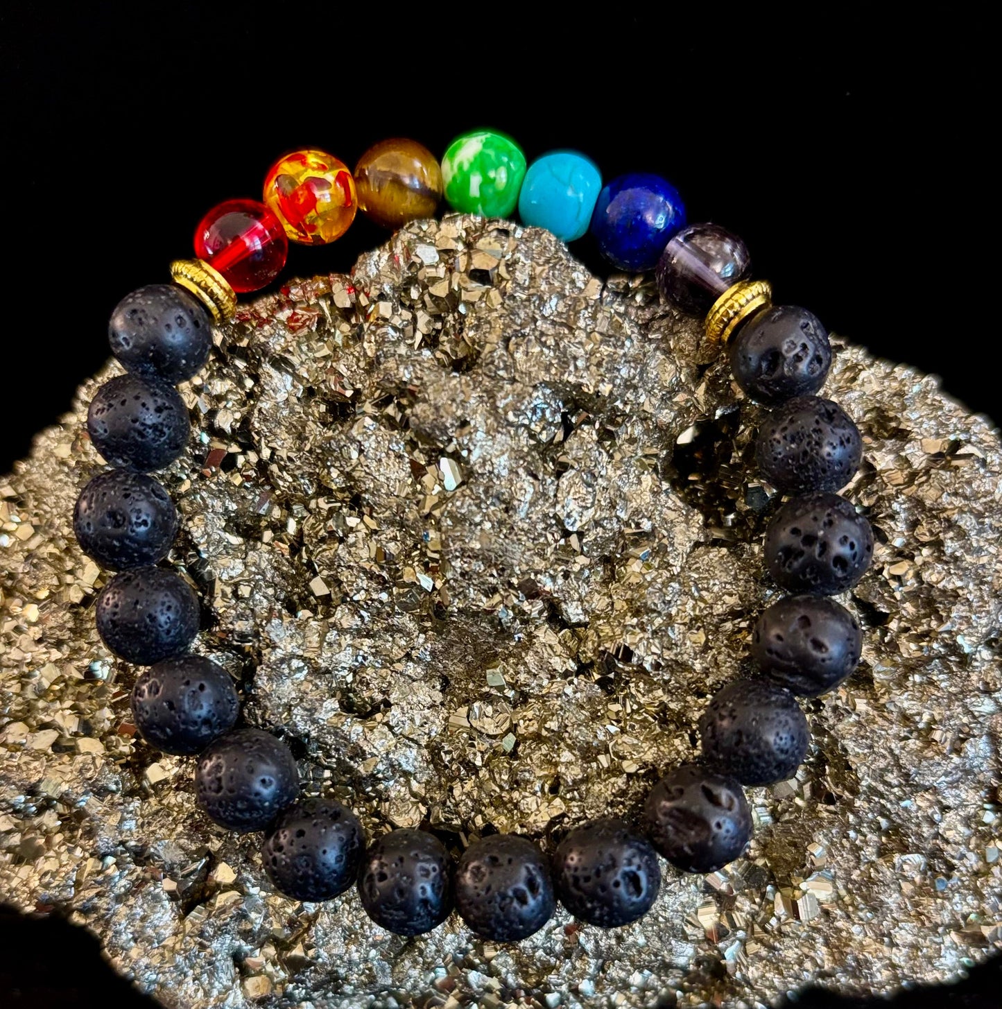 Pulsera de cuentas de chakras – Roca volcánica de lava y piedras curativas naturales