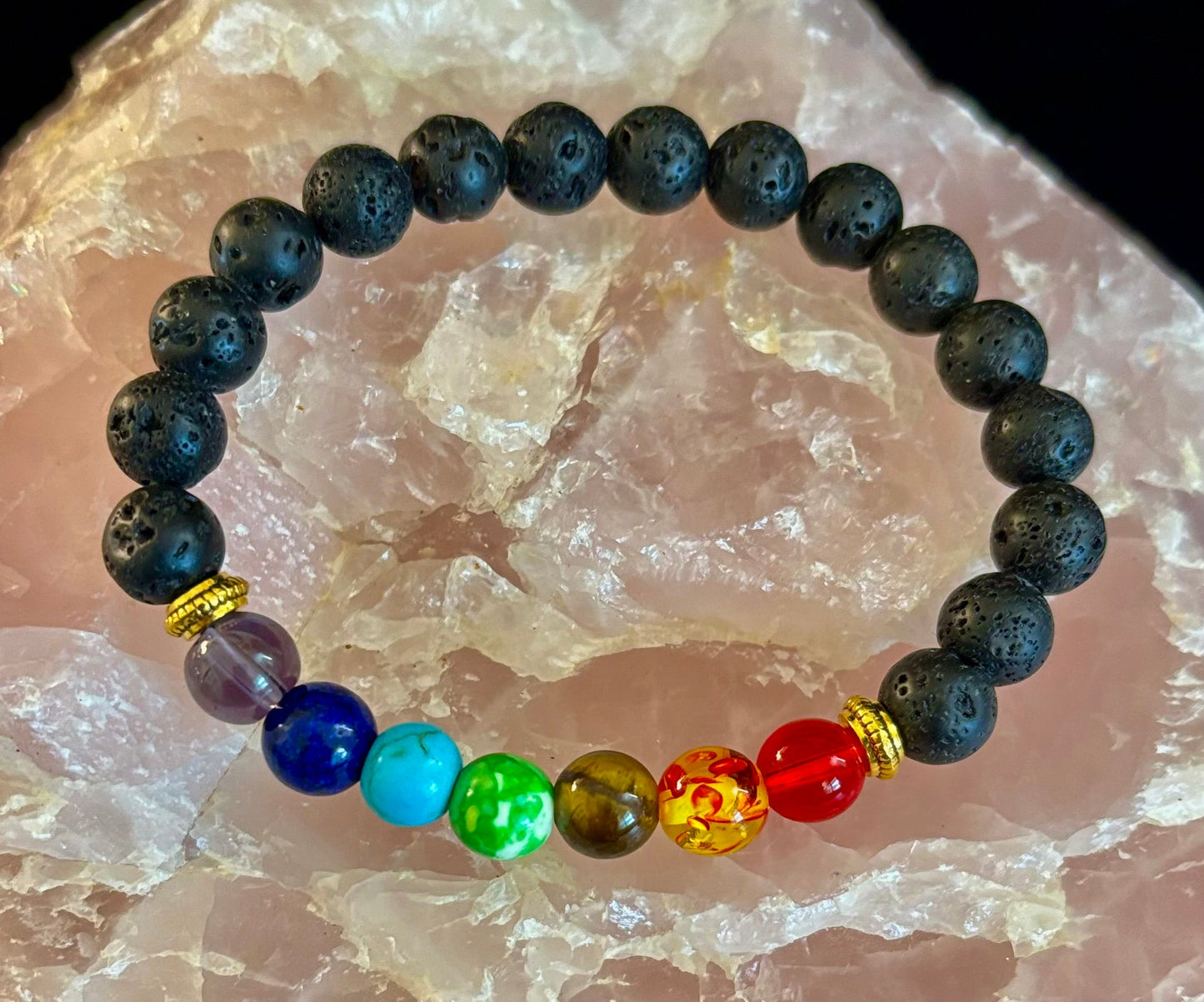 Pulsera de cuentas de chakras – Roca volcánica de lava y piedras curativas naturales