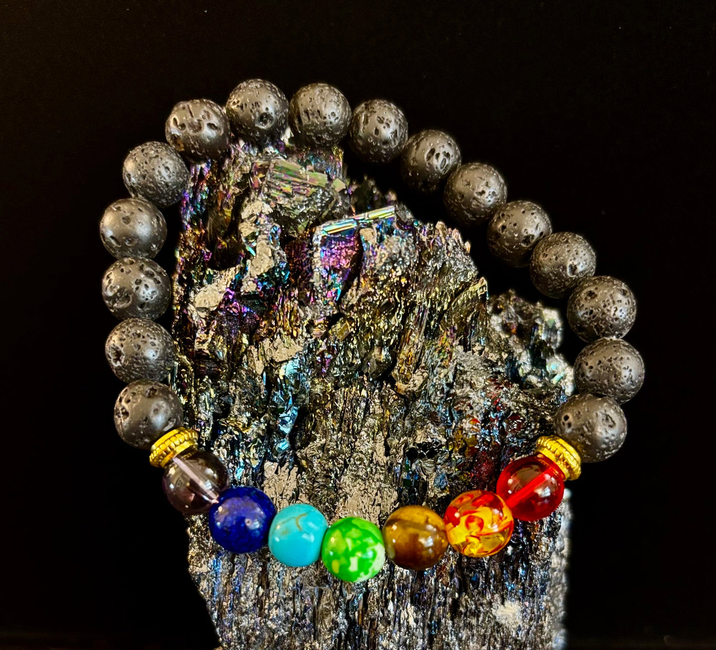 Pulsera de cuentas de chakras – Roca volcánica de lava y piedras curativas naturales