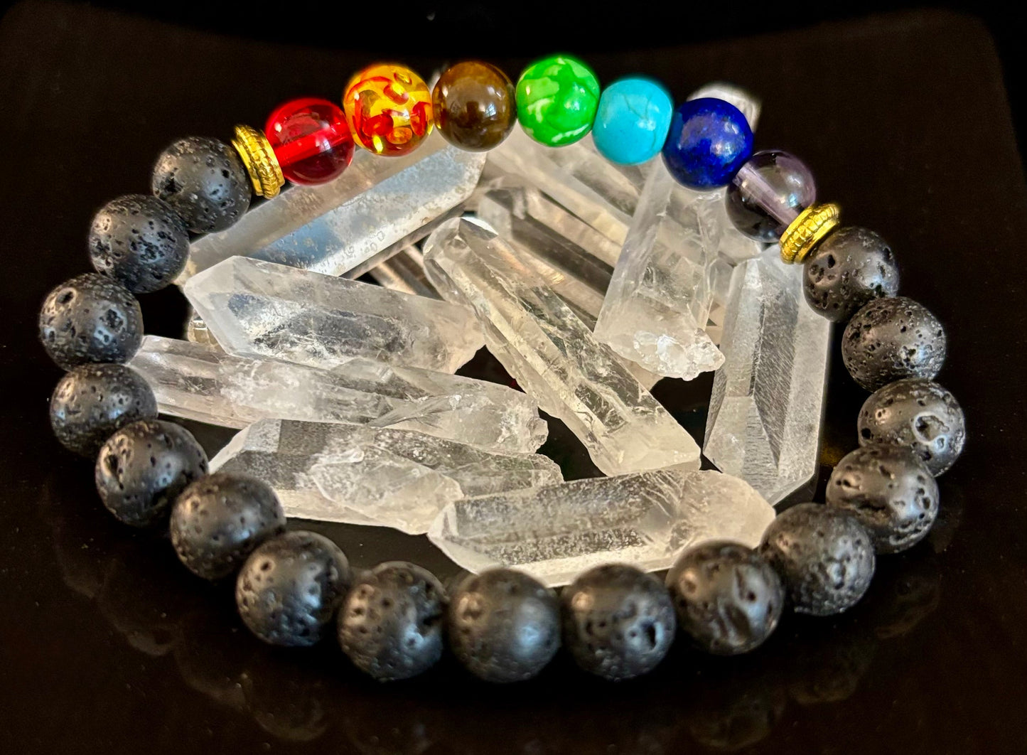 Pulsera de cuentas de chakras – Roca volcánica de lava y piedras curativas naturales