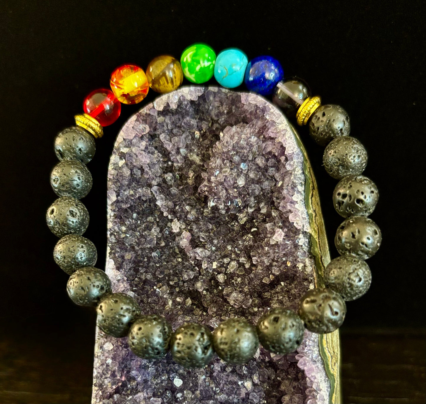 Pulsera de cuentas de chakras – Roca volcánica de lava y piedras curativas naturales