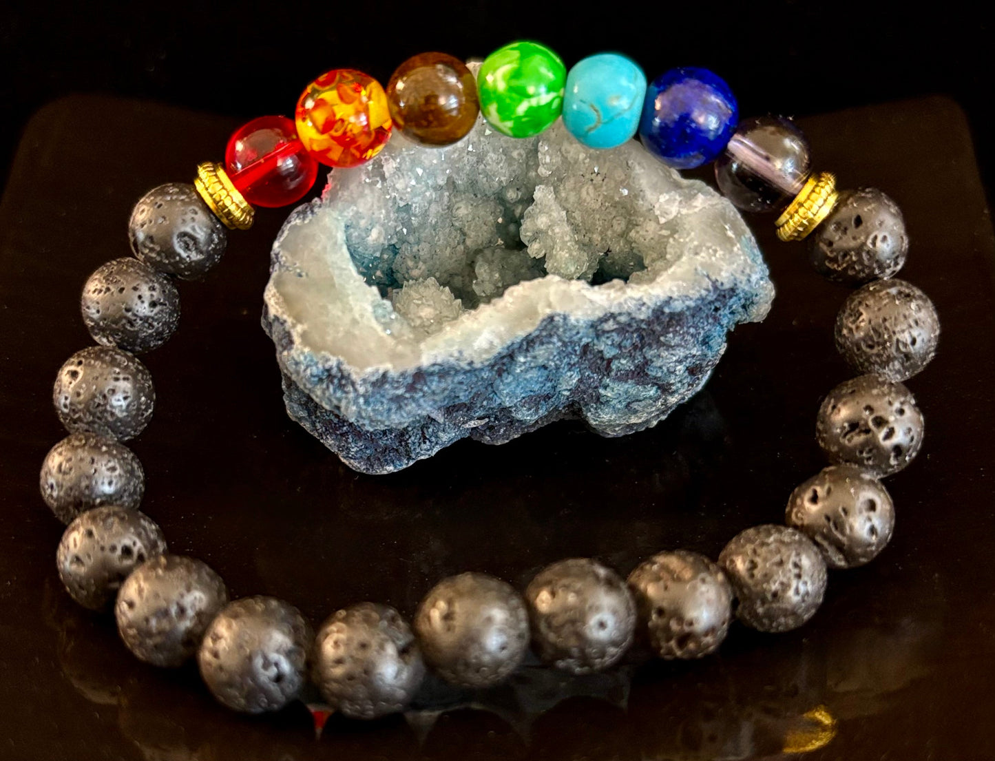 Pulsera de cuentas de chakras – Roca volcánica de lava y piedras curativas naturales