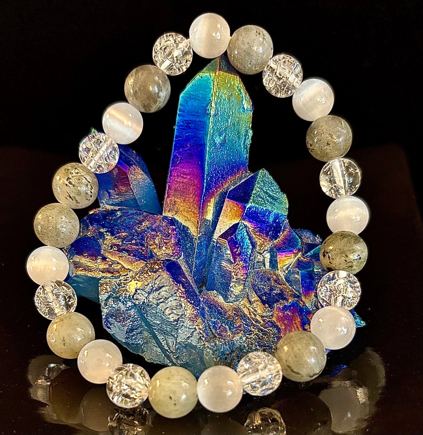 Pulsera Curativa de Trabajadores de la Luz Infundida con Reiki – Labradorita, Cuarzo Craquelado y Selenita