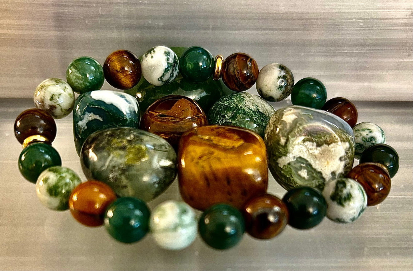 Pulsera de ágata musgosa y ojo de tigre – Cuentas de 8 mm para fuerza, sanación y protección