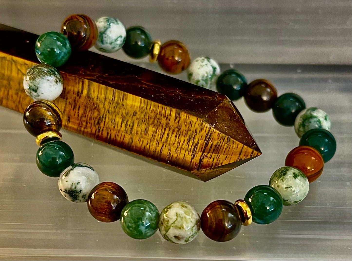 Pulsera de ágata musgosa y ojo de tigre – Cuentas de 8 mm para fuerza, sanación y protección