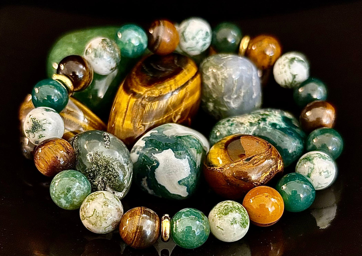 Pulsera de ágata musgosa y ojo de tigre – Cuentas de 8 mm para fuerza, sanación y protección