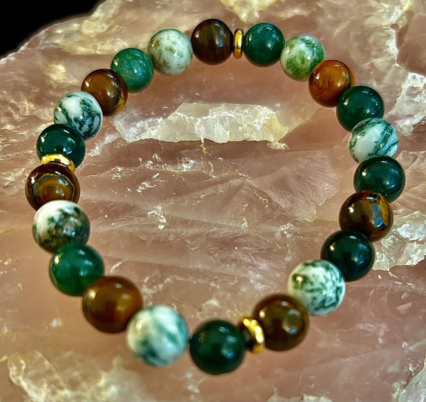 Pulsera de ágata musgosa y ojo de tigre – Cuentas de 8 mm para fuerza, sanación y protección