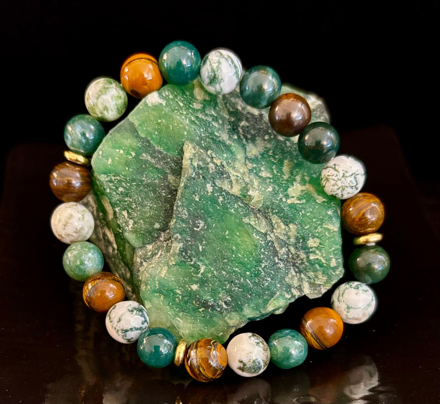 Pulsera de ágata musgosa y ojo de tigre – Cuentas de 8 mm para fuerza, sanación y protección