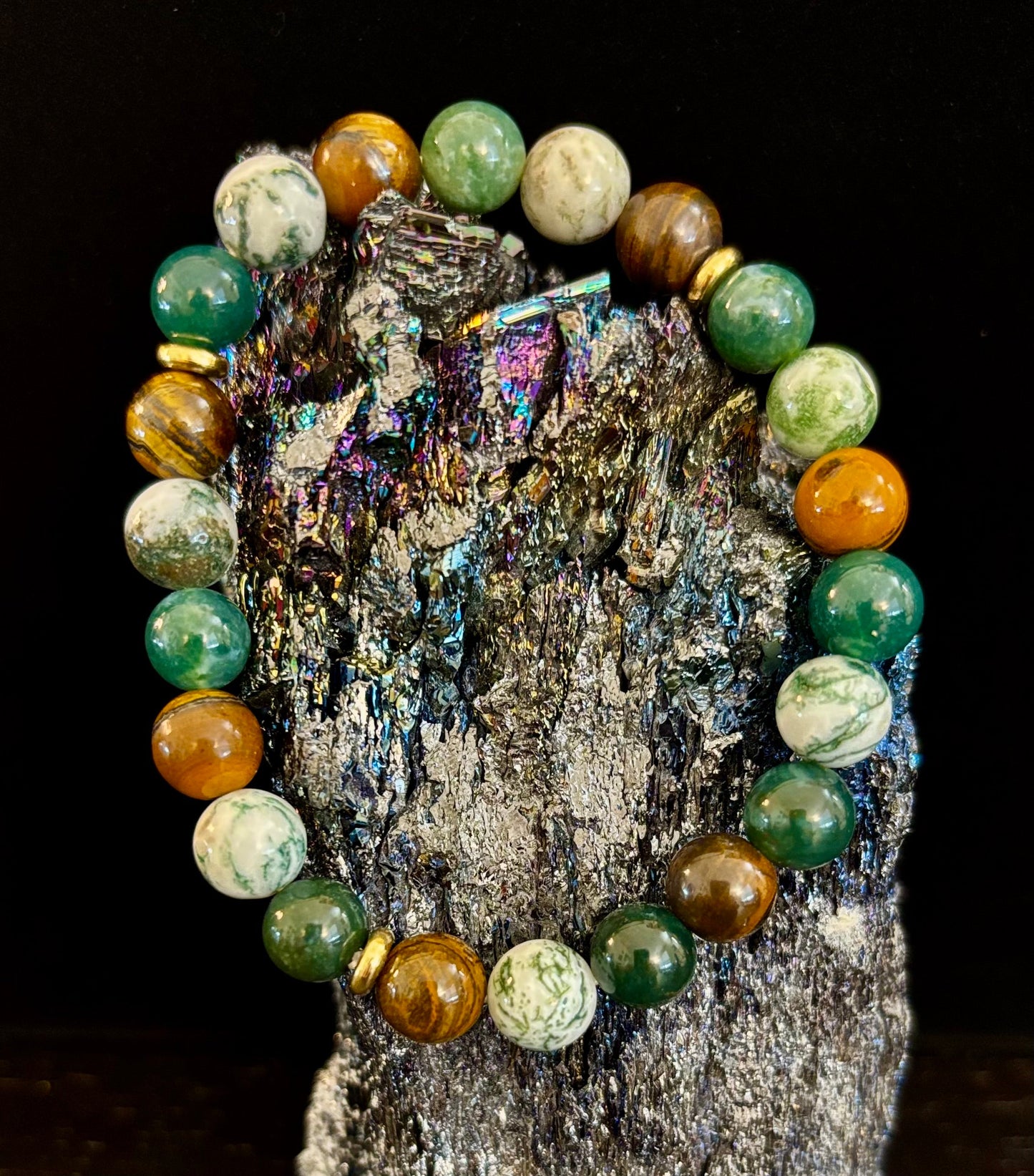 Pulsera de ágata musgosa y ojo de tigre – Cuentas de 8 mm para fuerza, sanación y protección