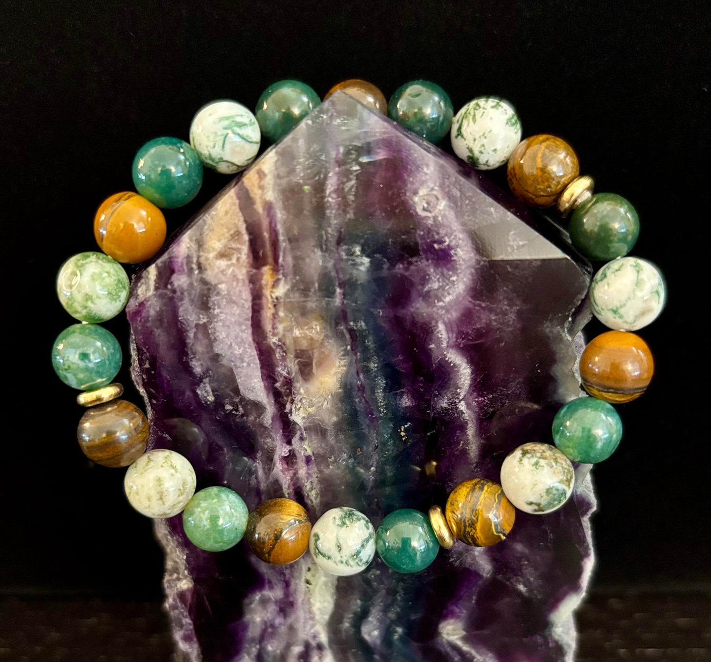 Pulsera de ágata musgosa y ojo de tigre – Cuentas de 8 mm para fuerza, sanación y protección