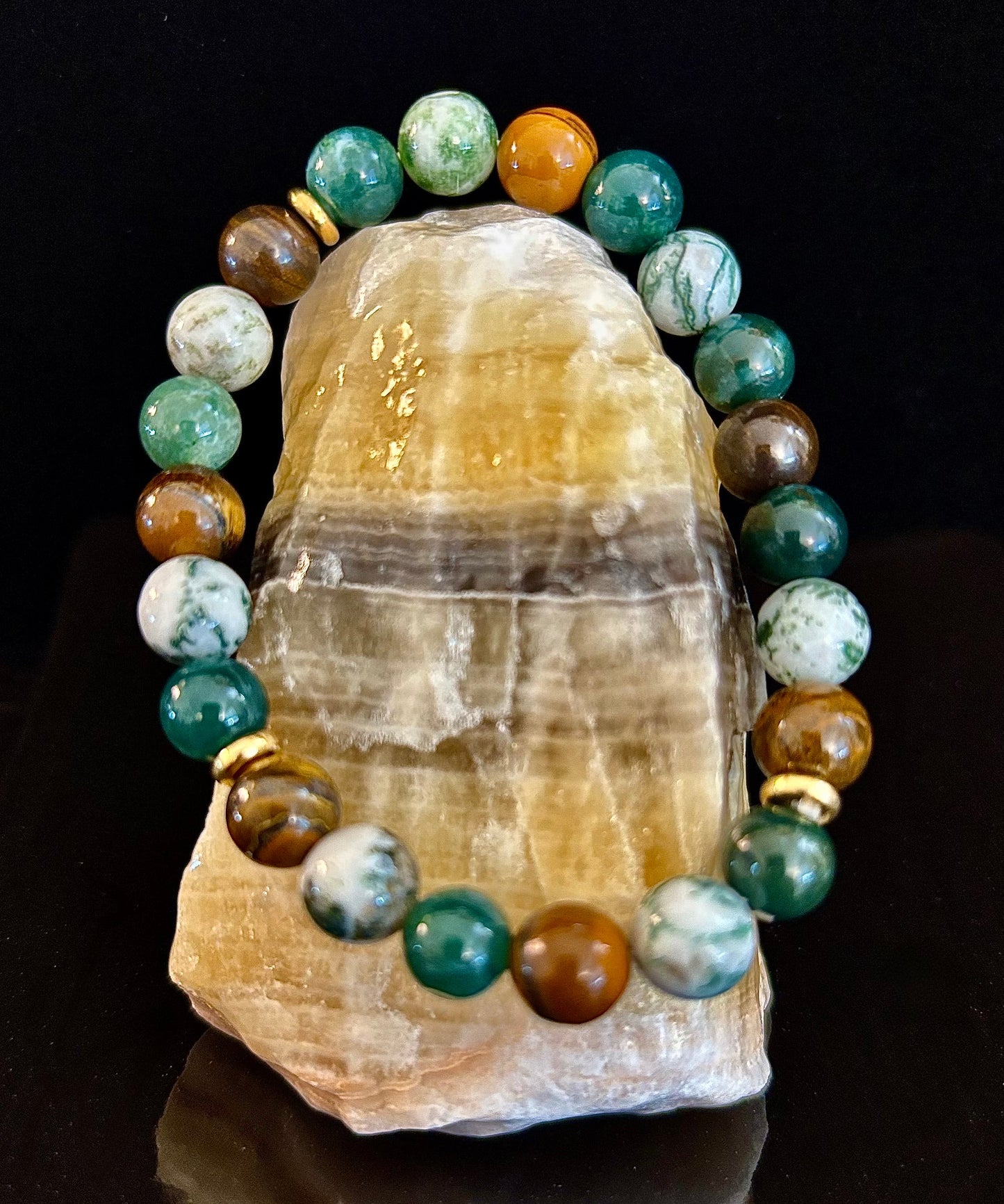 Pulsera de ágata musgosa y ojo de tigre – Cuentas de 8 mm para fuerza, sanación y protección