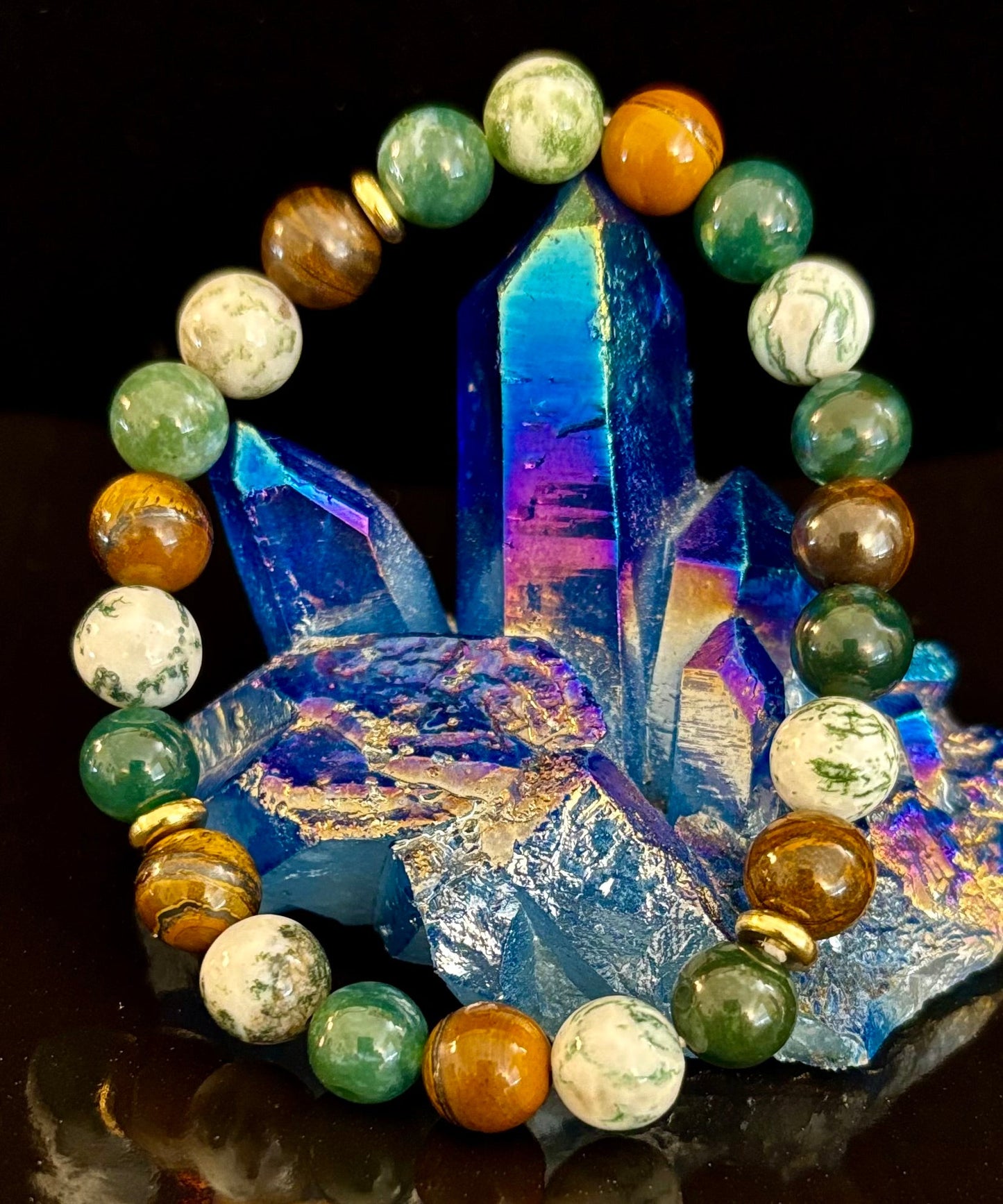 Pulsera de ágata musgosa y ojo de tigre – Cuentas de 8 mm para fuerza, sanación y protección
