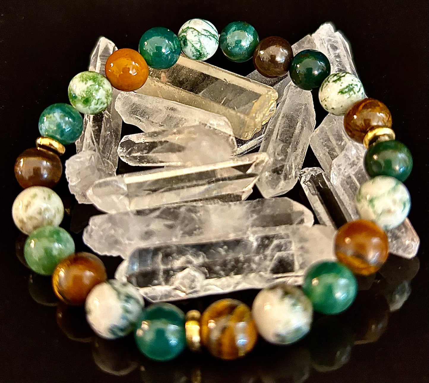 Pulsera de ágata musgosa y ojo de tigre – Cuentas de 8 mm para fuerza, sanación y protección