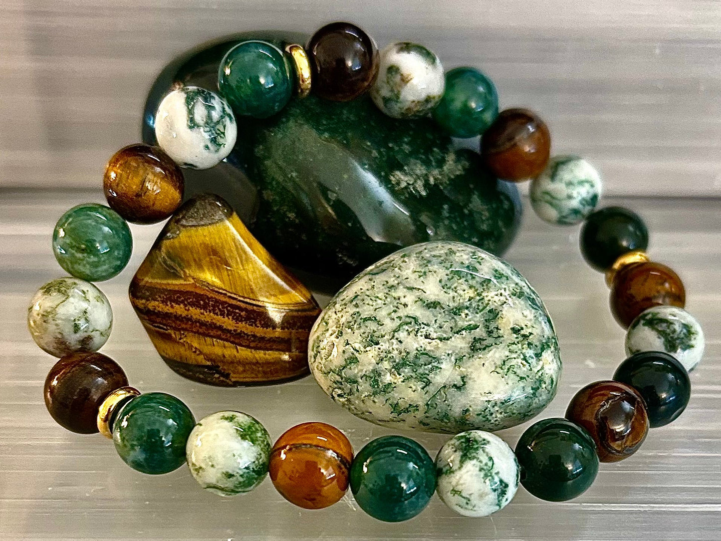 Pulsera de ágata musgosa y ojo de tigre – Cuentas de 8 mm para fuerza, sanación y protección