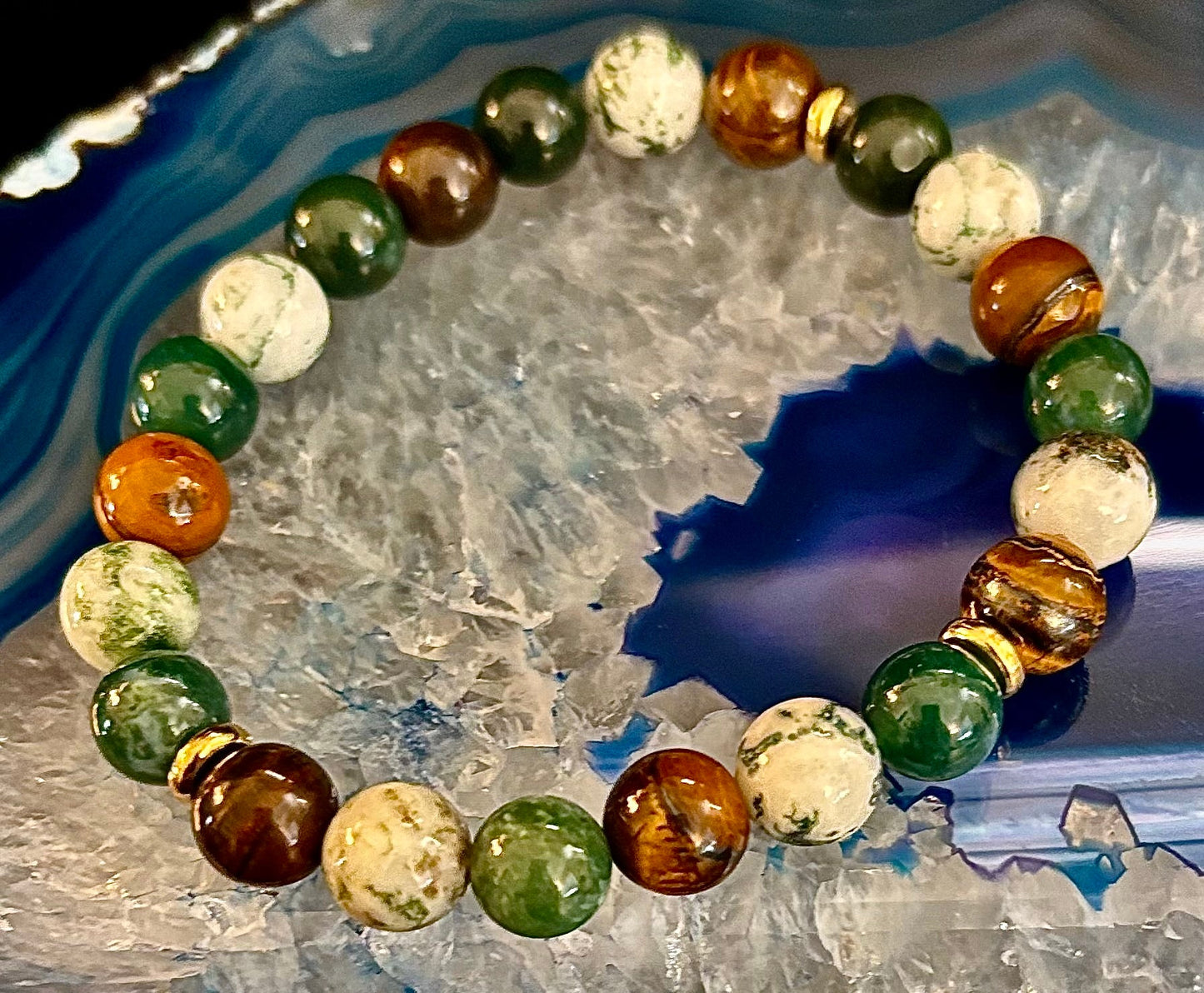 Pulsera de ágata musgosa y ojo de tigre – Cuentas de 8 mm para fuerza, sanación y protección