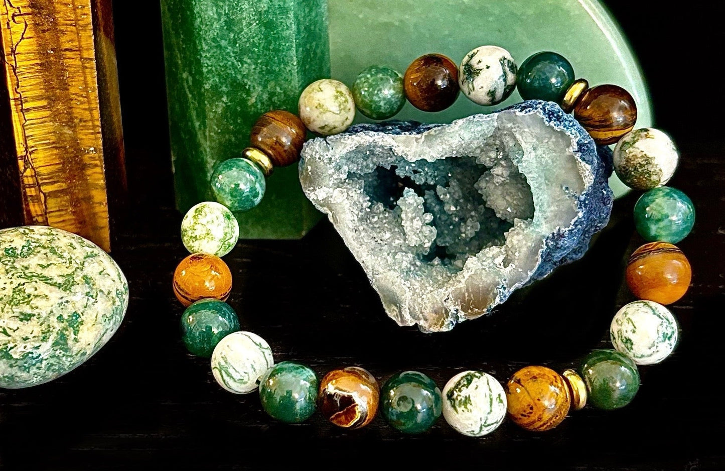 Pulsera de ágata musgosa y ojo de tigre – Cuentas de 8 mm para fuerza, sanación y protección