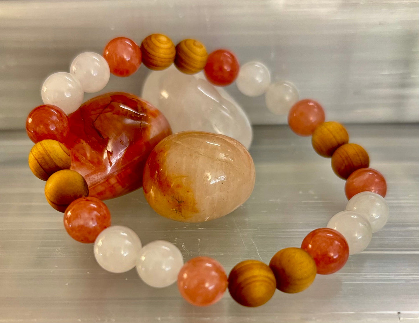 Pulsera de intuición y limpieza de aura de bruja blanca – Palo Santo, Selenita y Cuarzo Ahumado
