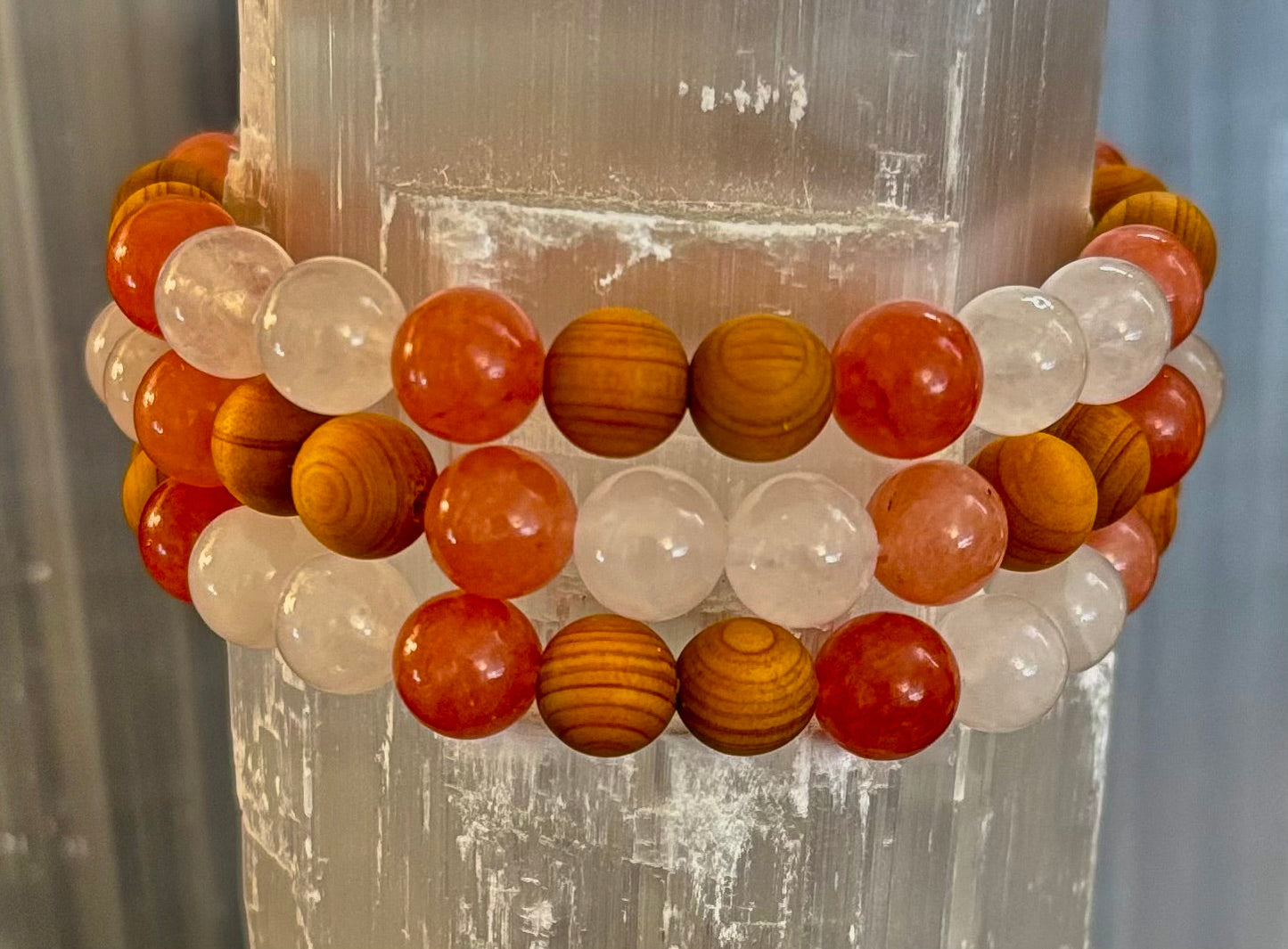 Pulsera de intuición y limpieza de aura de bruja blanca – Palo Santo, Selenita y Cuarzo Ahumado
