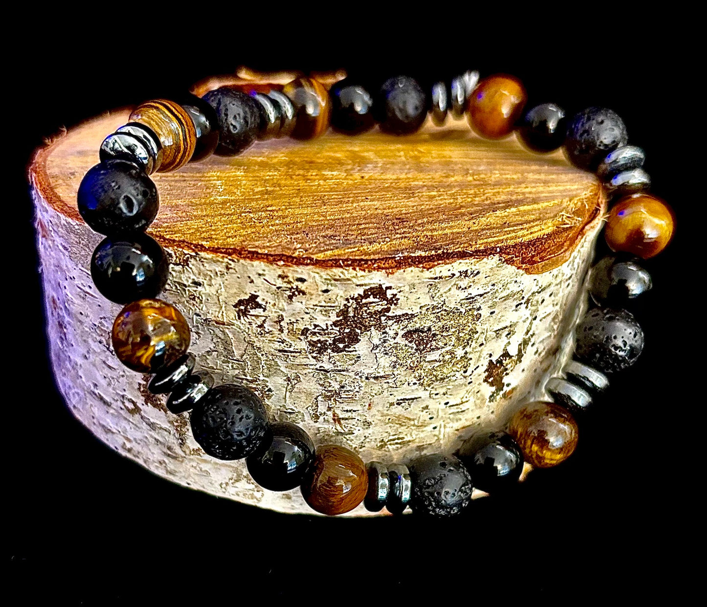 Pulsera energética para hombre – Ojo de tigre, ónix negro y roca de lava con separadores de metal negro (para muñecas grandes)