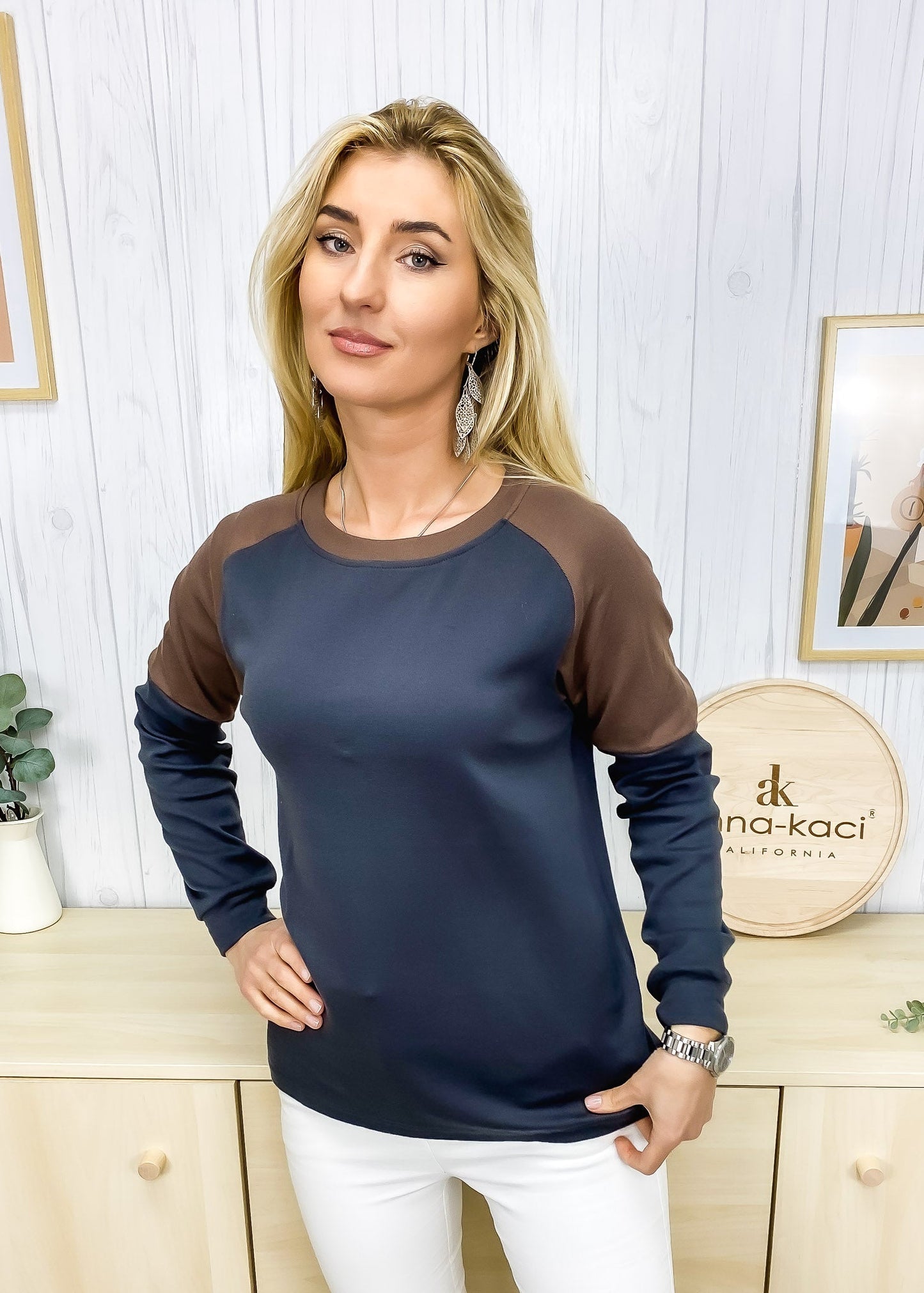 Sudadera informal de cuello redondo, blusas de manga larga con bloques de color y jerséis con aberturas laterales
