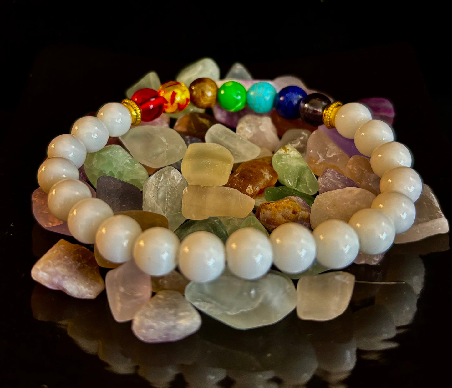 Pulsera curativa de energía de chakras – Cuentas de cristal blanco – Muñecas medianas