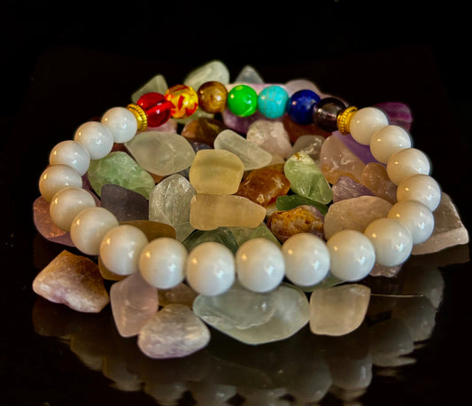 Pulsera curativa de energía de chakras – Cuentas de cristal blanco – Muñecas medianas
