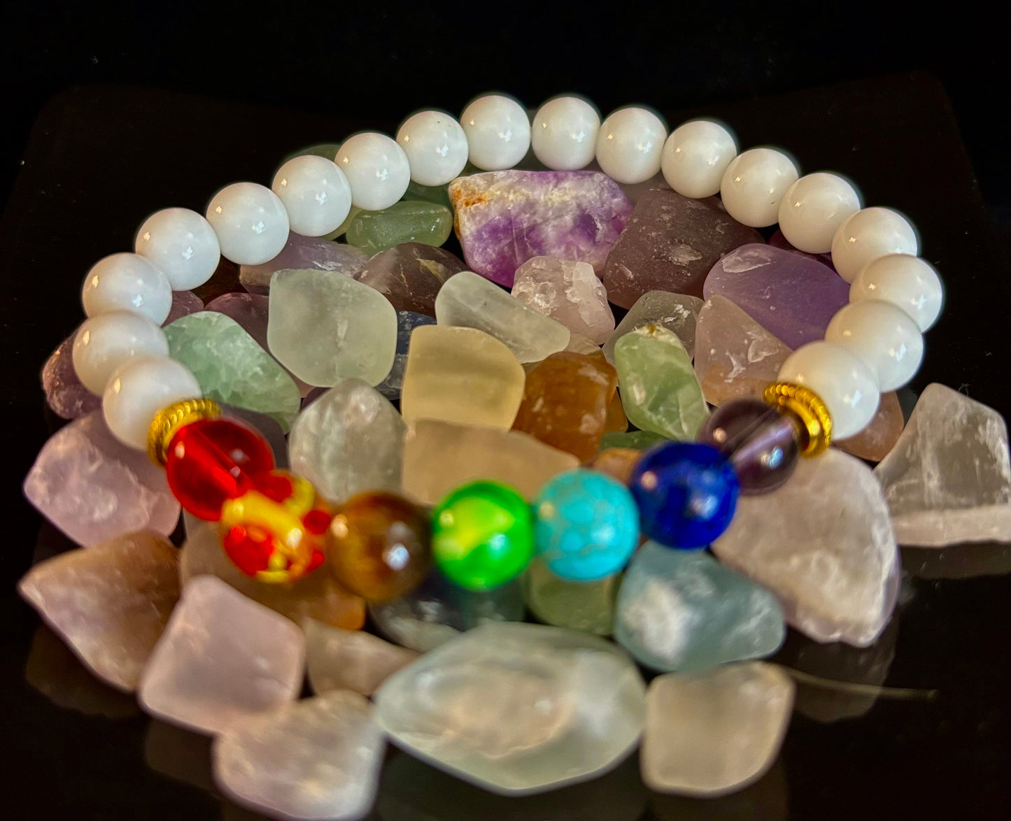 Pulsera curativa de energía de chakras – Cuentas de cristal blanco – Muñecas medianas