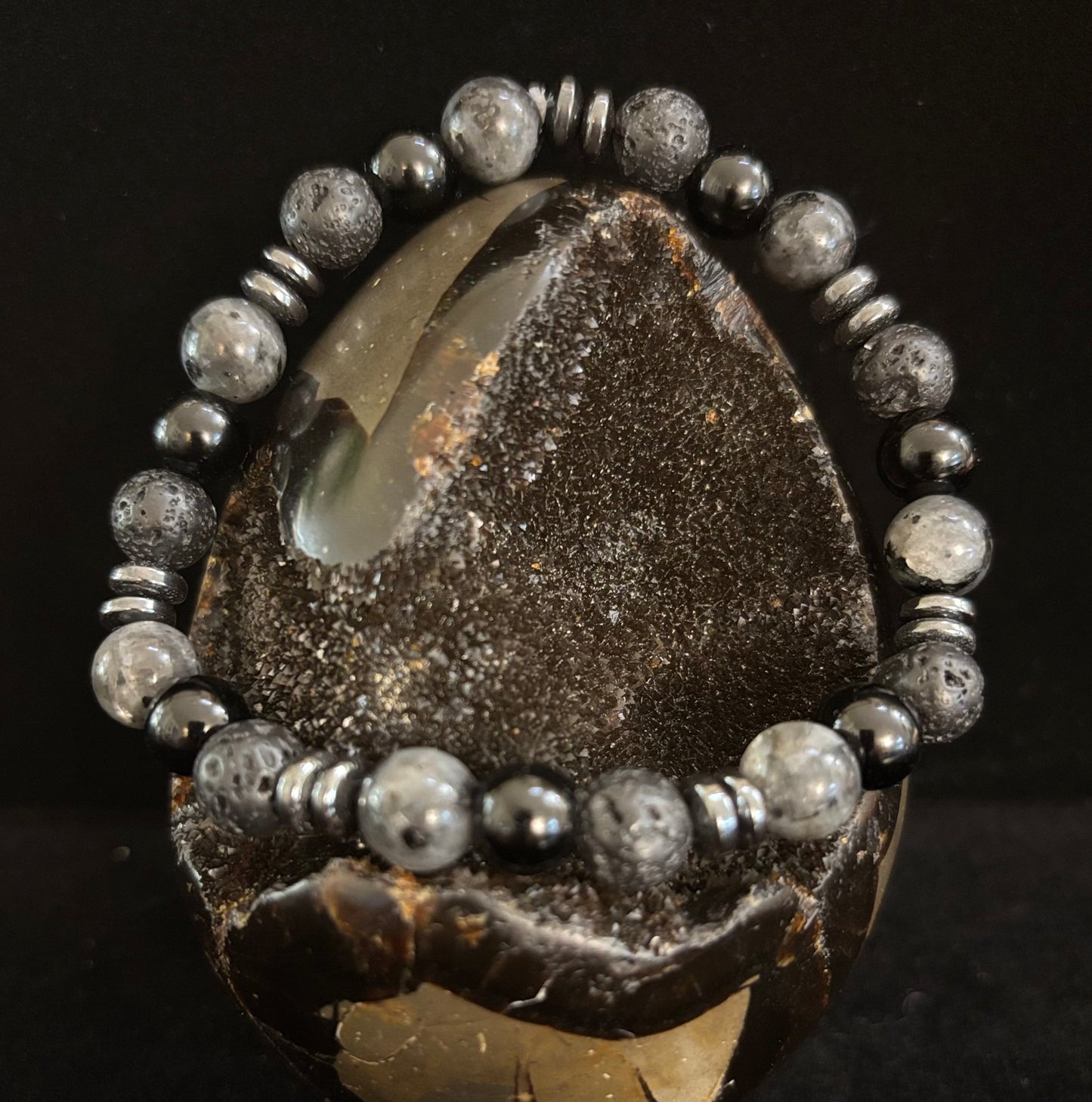 Pulsera de guerrero místico para hombre – Labradorita, ónix negro y roca de lava con espaciadores de metal negro (se adapta a muñecas grandes)