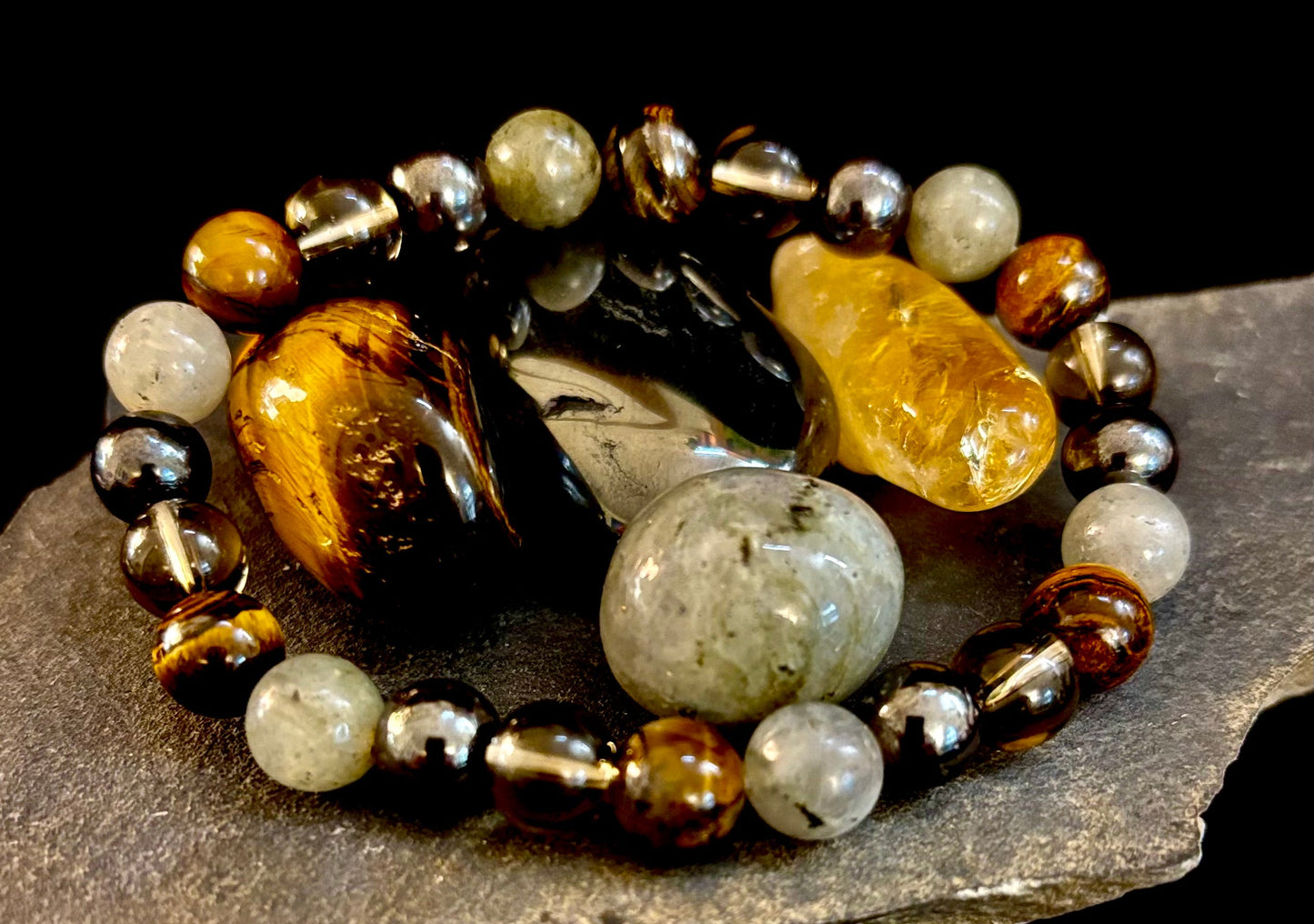 Pulsera de protección Bohemia de ojo de tigre y labradorita – Muñecas medianas