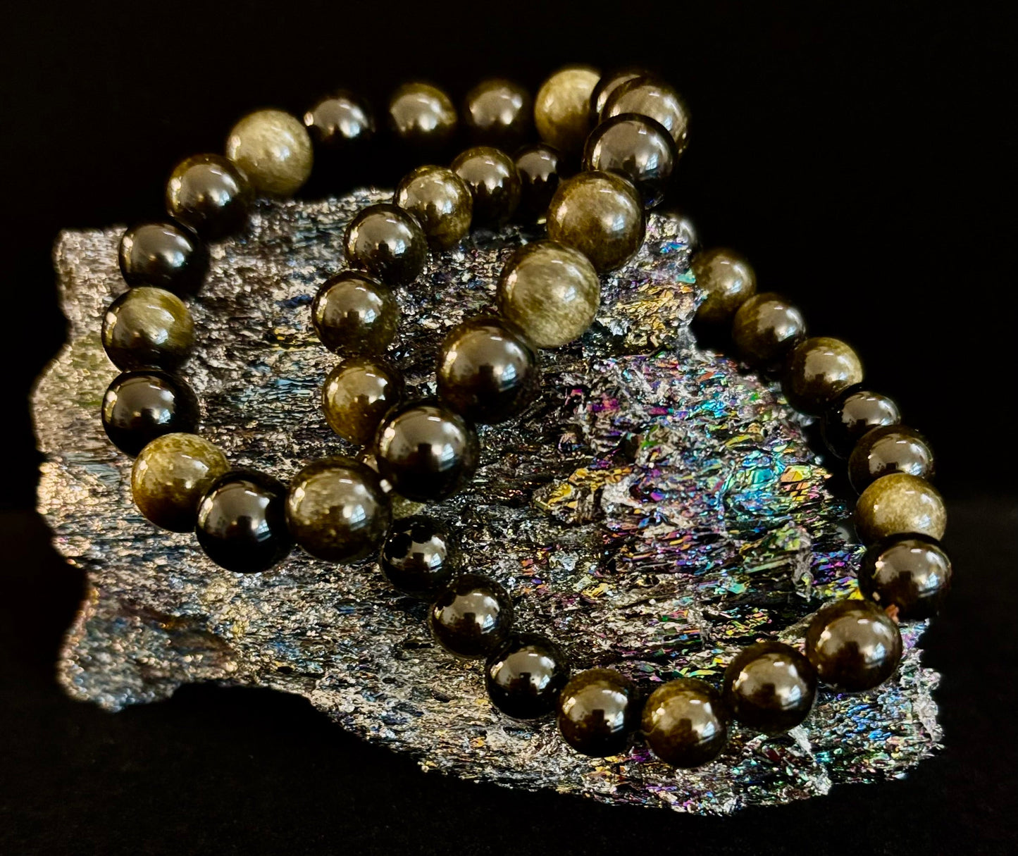 Pulsera protectora de obsidiana dorada – Cuentas de 8 mm y 10 mm para muñecas pequeñas a medianas 🖤✨