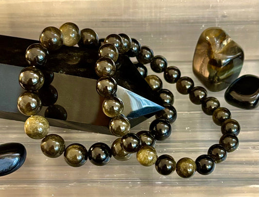 Pulsera protectora de obsidiana dorada – Cuentas de 8 mm y 10 mm para muñecas pequeñas a medianas 🖤✨