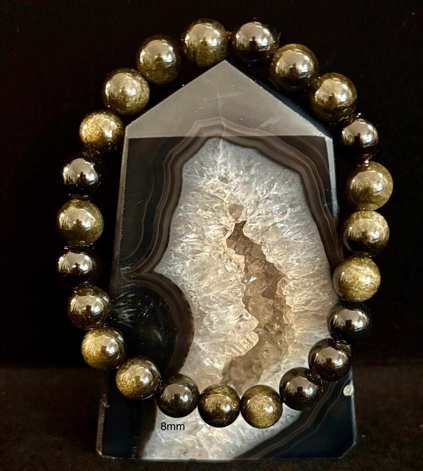 Pulsera protectora de obsidiana dorada – Cuentas de 8 mm y 10 mm para muñecas pequeñas a medianas 🖤✨