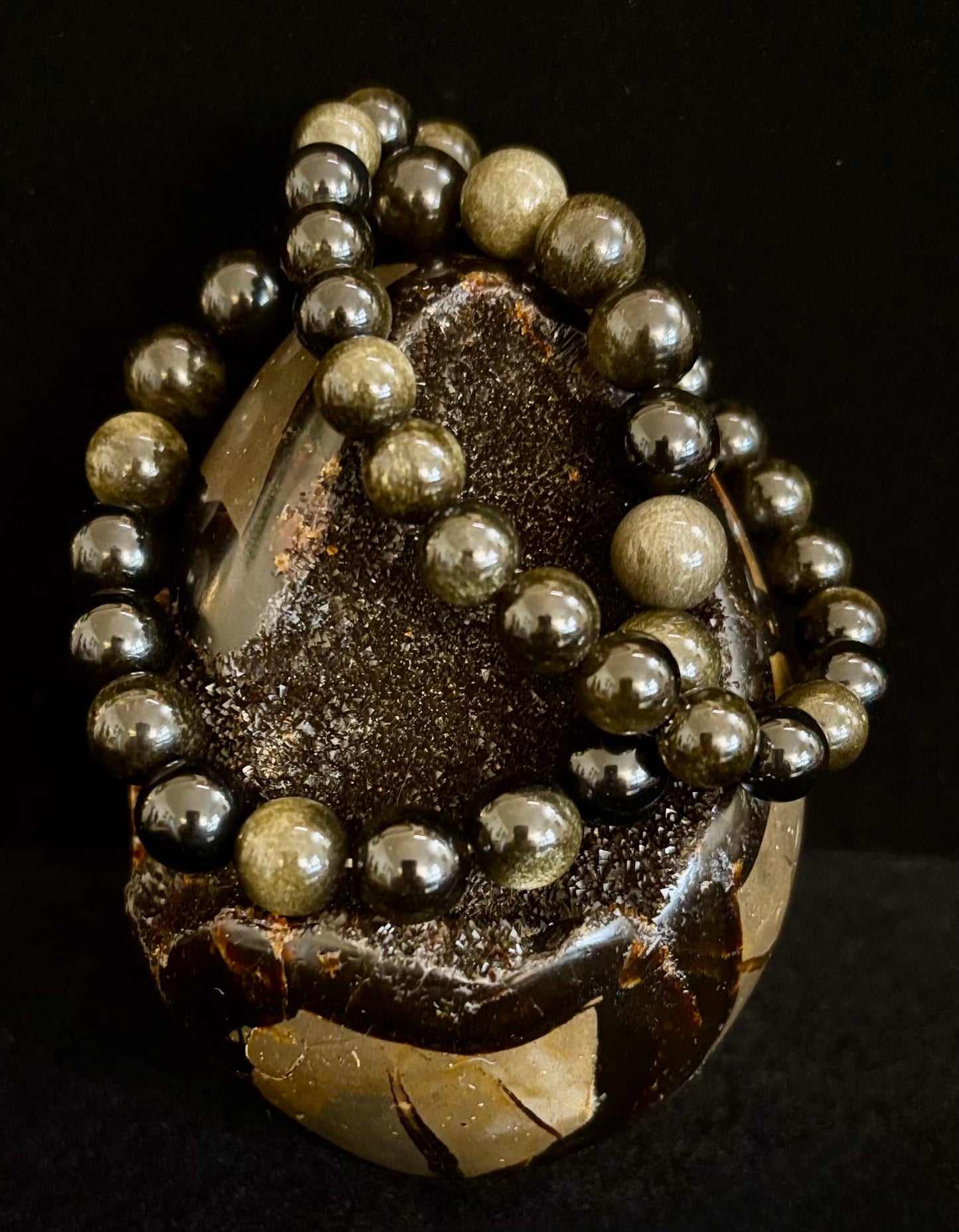 Pulsera protectora de obsidiana dorada – Cuentas de 8 mm y 10 mm para muñecas pequeñas a medianas 🖤✨