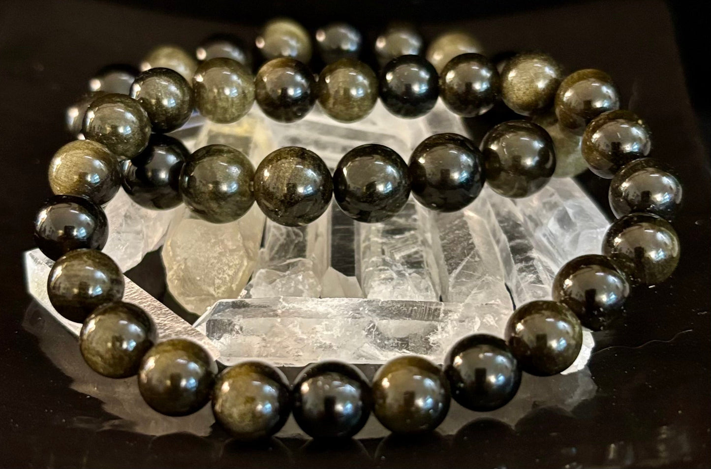 Pulsera protectora de obsidiana dorada – Cuentas de 8 mm y 10 mm para muñecas pequeñas a medianas 🖤✨