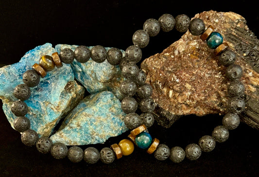 Pulsera de roca de lava y piedra negra para hombre – Piedras decorativas naturales azules, grises o marrones | Muñeca mediana-grande