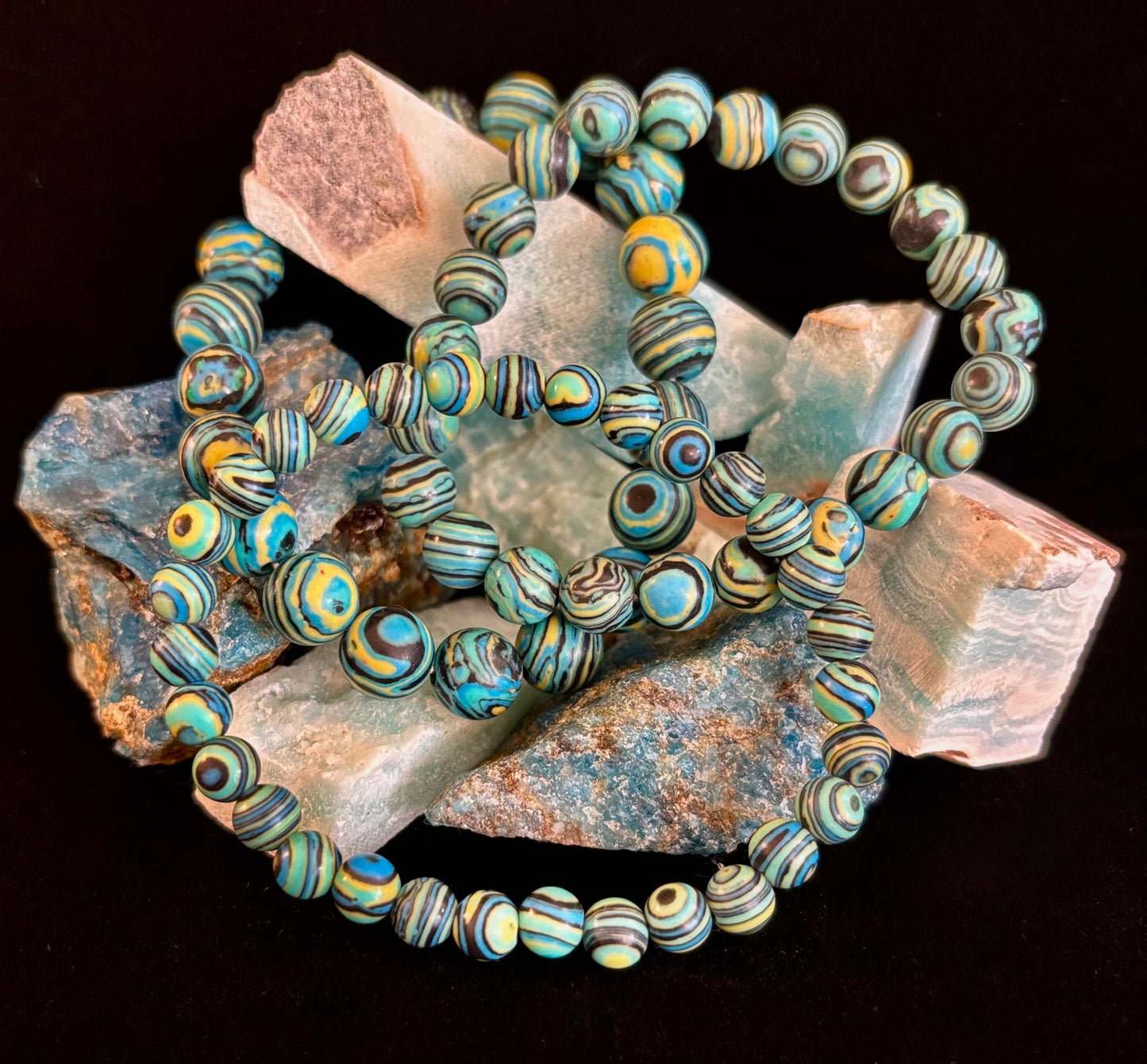 Pulsera de energía de malaquita azul profundo – Cuentas de 6 mm, 8 mm, 10 mm para muñecas pequeñas a grandes