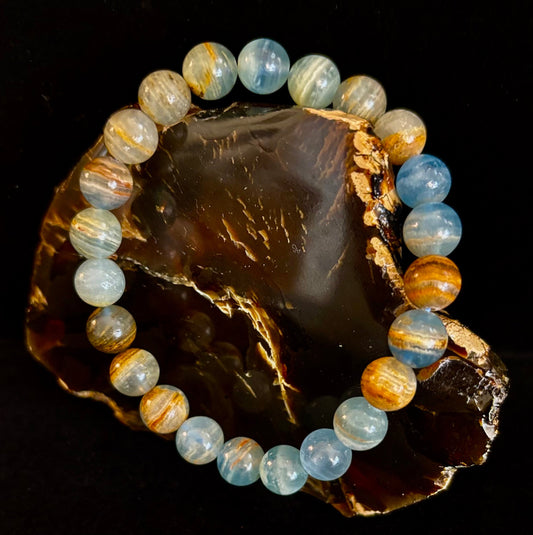 Aquatine Lemurian Calcite Bracelet – 8mm and 10mm Beads (Medium Wrists)