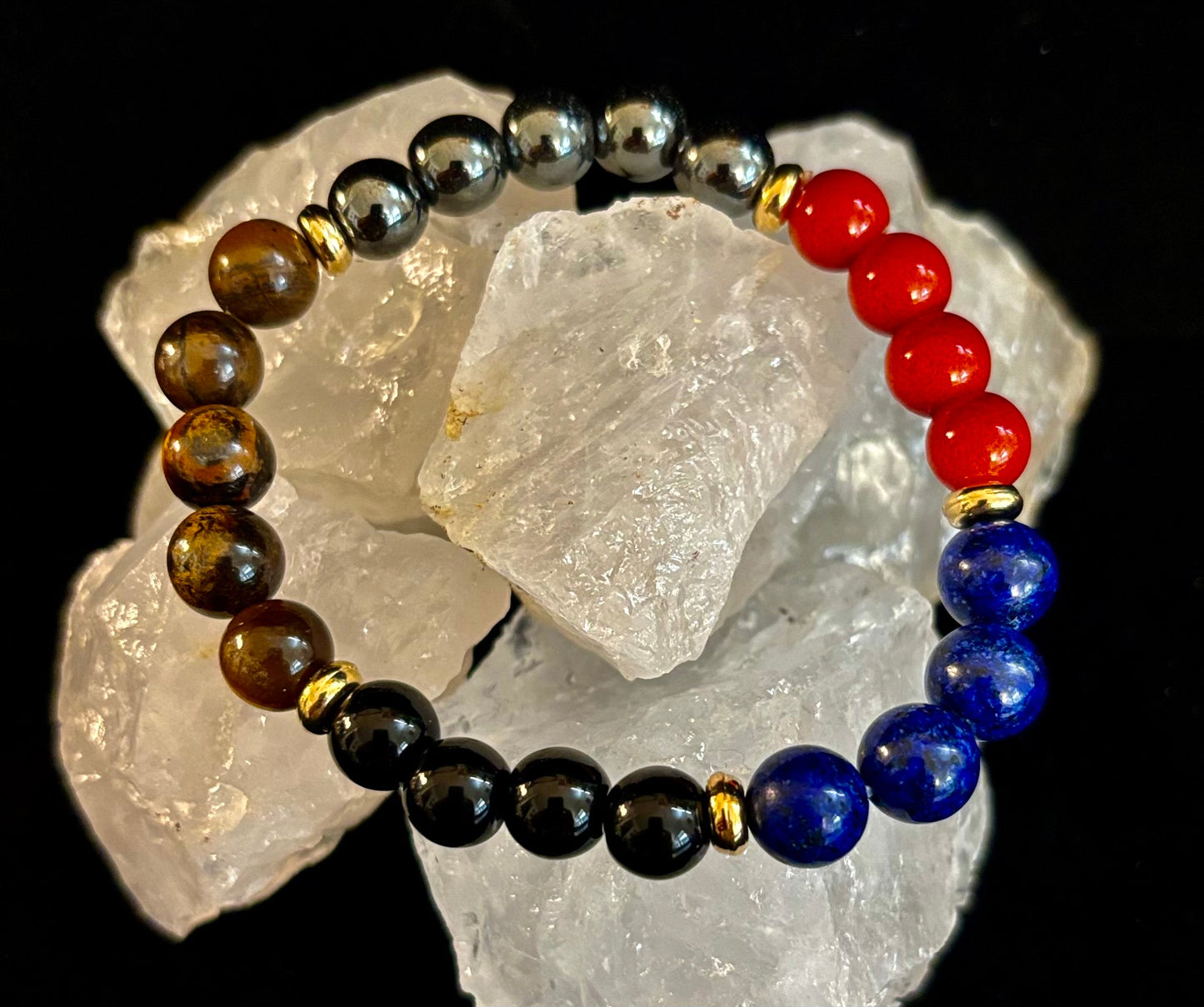 Atrae riqueza y emana confianza: Pulsera de ojo de tigre, lapislázuli y madera (para muñecas pequeñas a medianas)