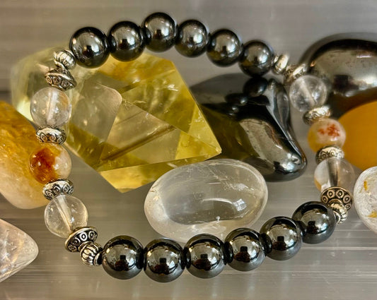 Pulsera de intención de protección empática – Citrino, Cuarzo Transparente y Hematita