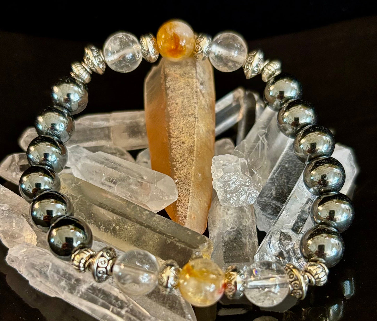 Pulsera de intención de protección empática – Citrino, Cuarzo Transparente y Hematita