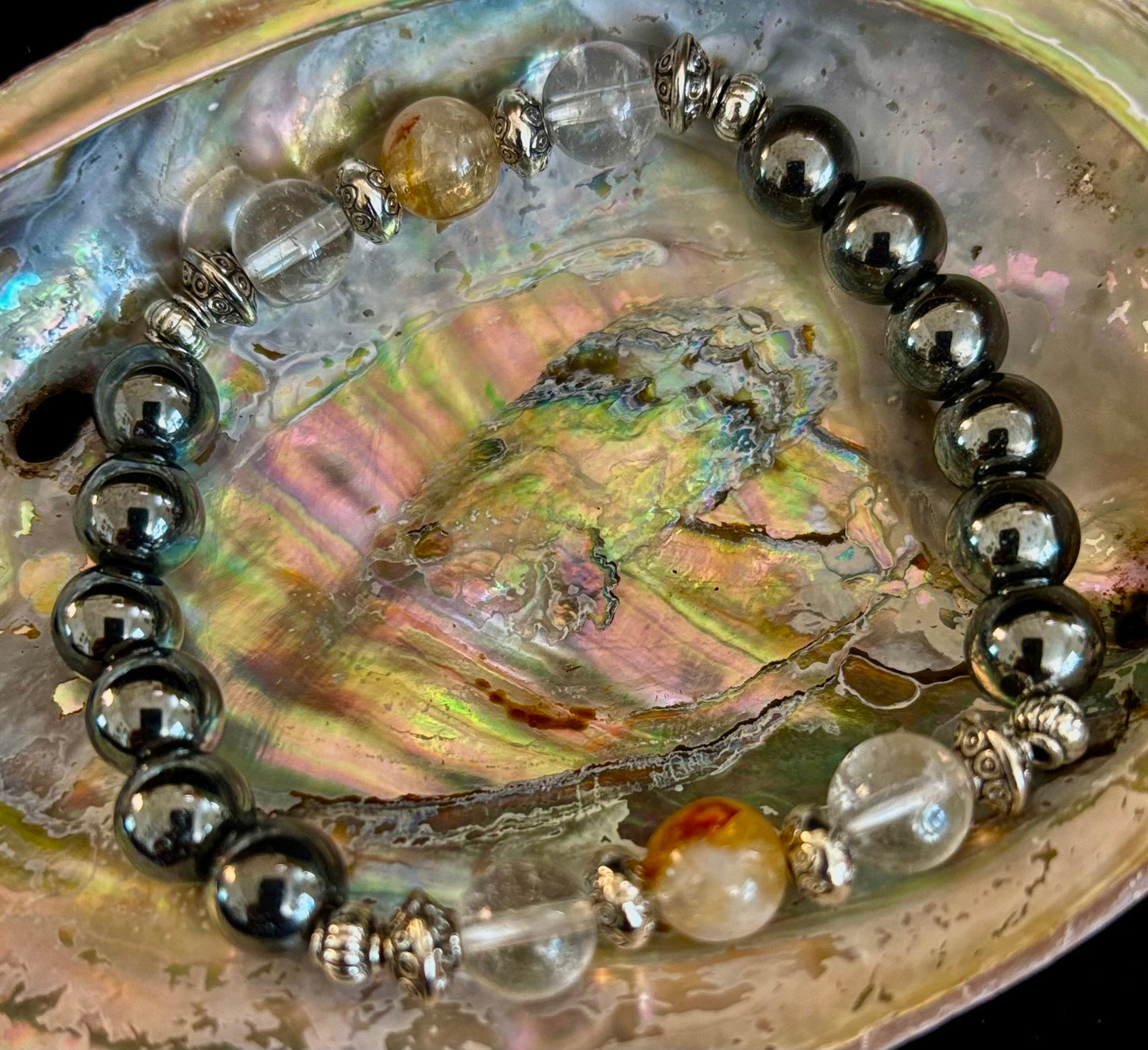 Pulsera de intención de protección empática – Citrino, Cuarzo Transparente y Hematita