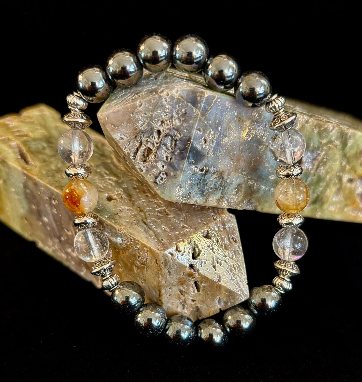 Pulsera de intención de protección empática – Citrino, Cuarzo Transparente y Hematita