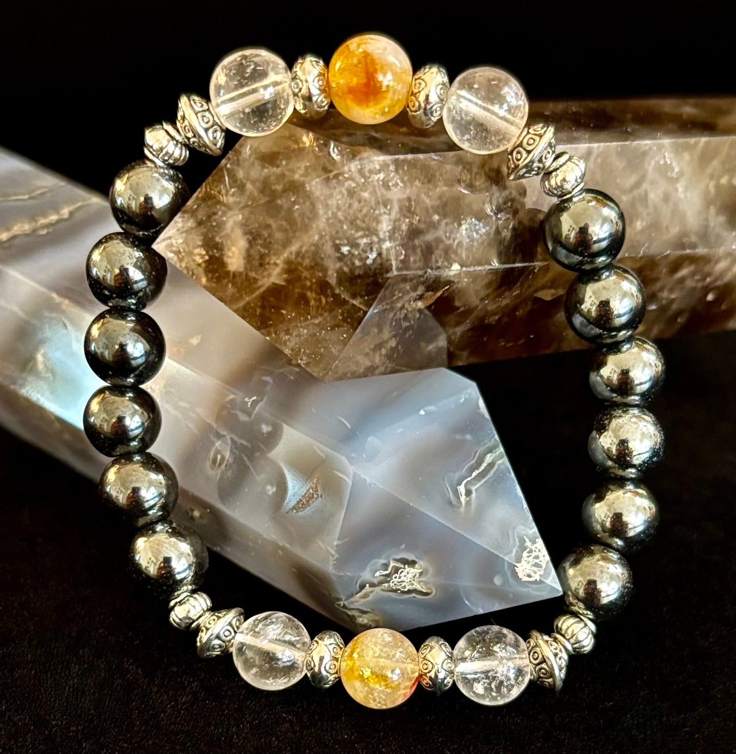 Pulsera de intención de protección empática – Citrino, Cuarzo Transparente y Hematita