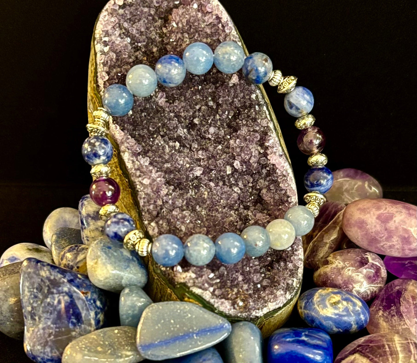 Pulsera de intención de apoyo para la ansiedad – Aventurina azul, sodalita y amatista | Piedras preciosas de 8mm